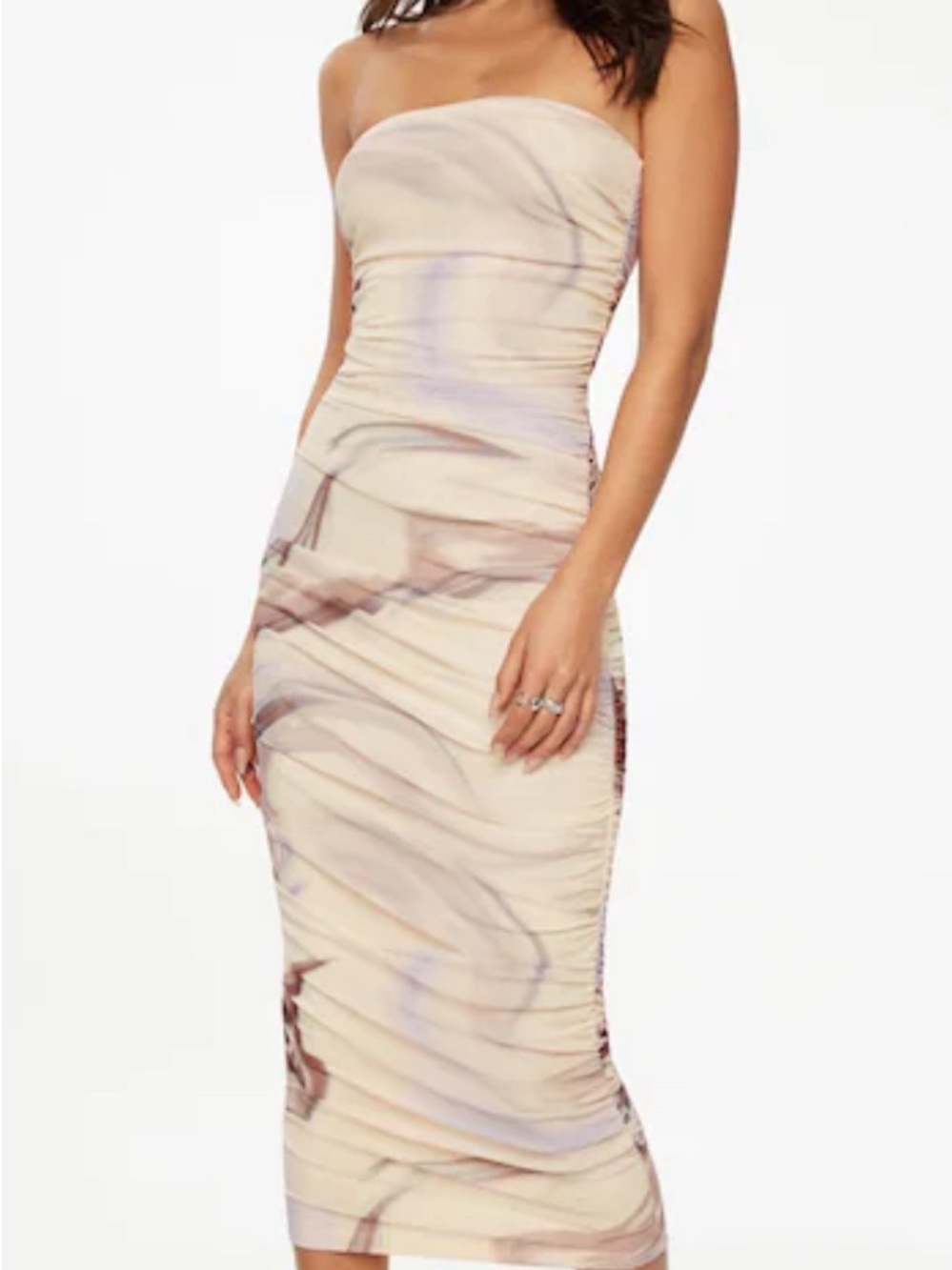 Dynamite Strapless Marble-Print Midi Bodycon Dress in Cream and Brown